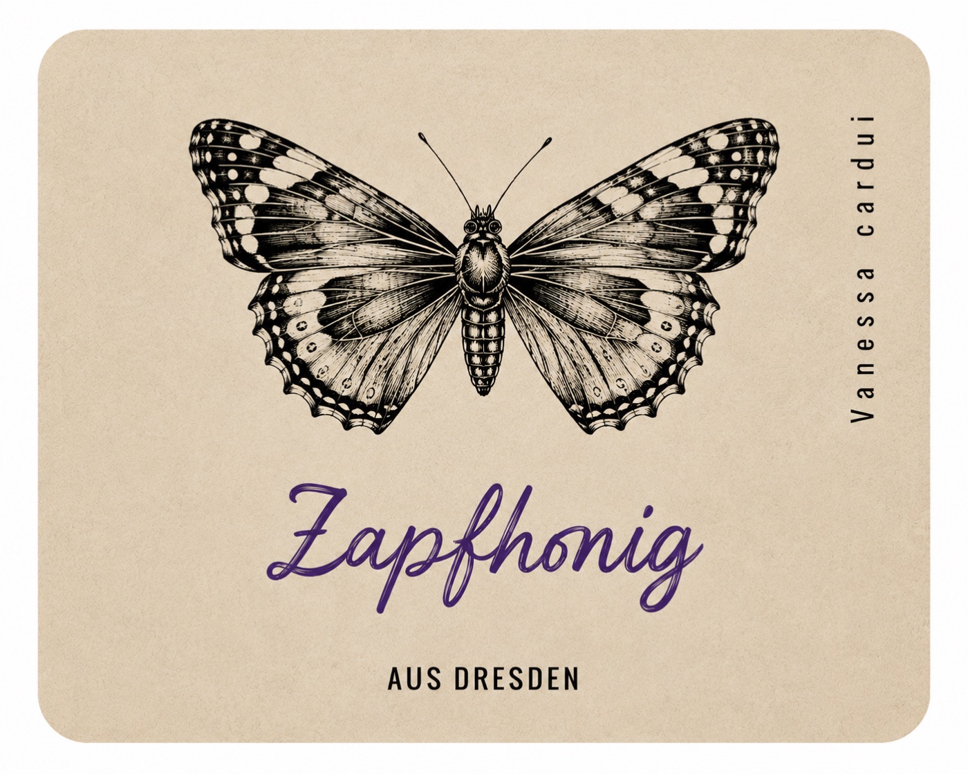 Das Etikett des Dresdner Zapfhonigs mit einem gezeichneten Schmetterling