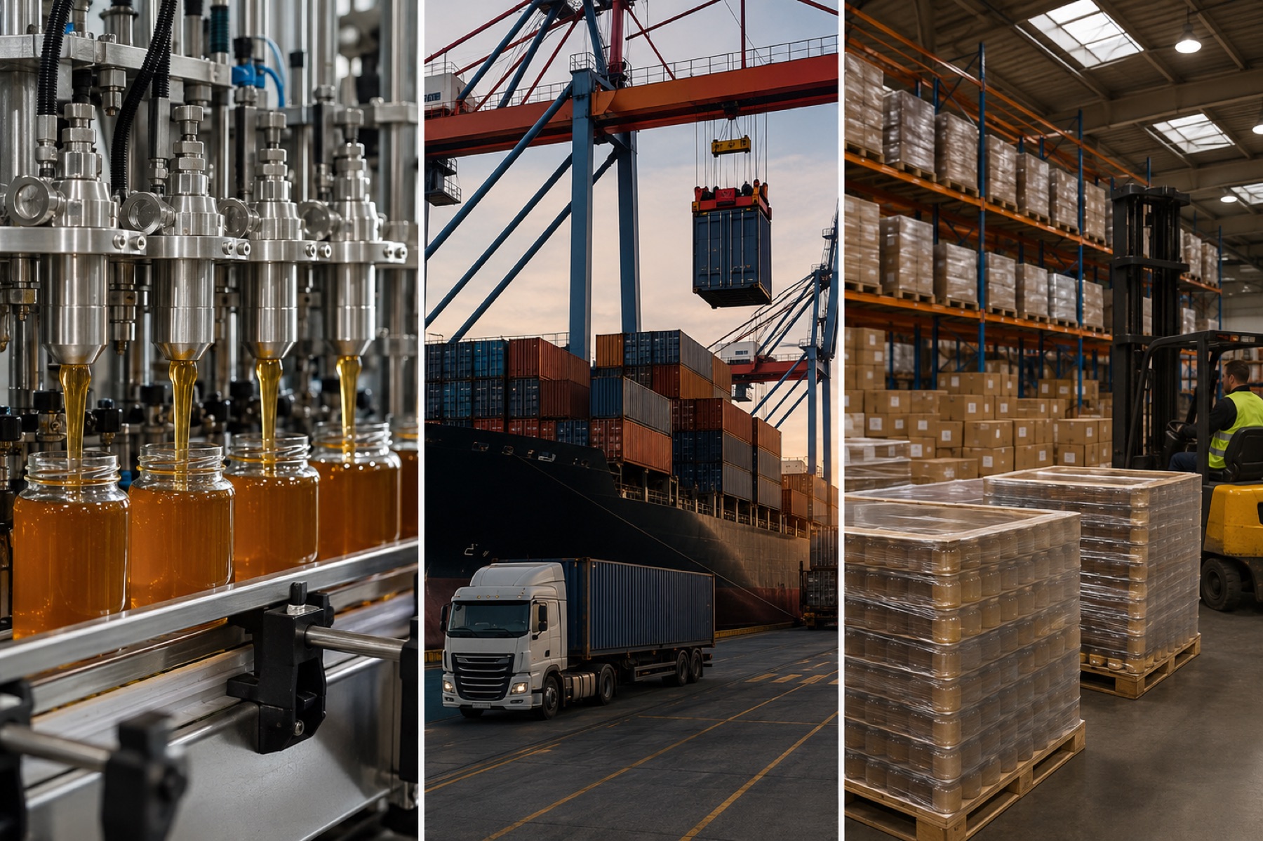 Industrielle Honigabfüllung, Containerhafen und Hochregallager