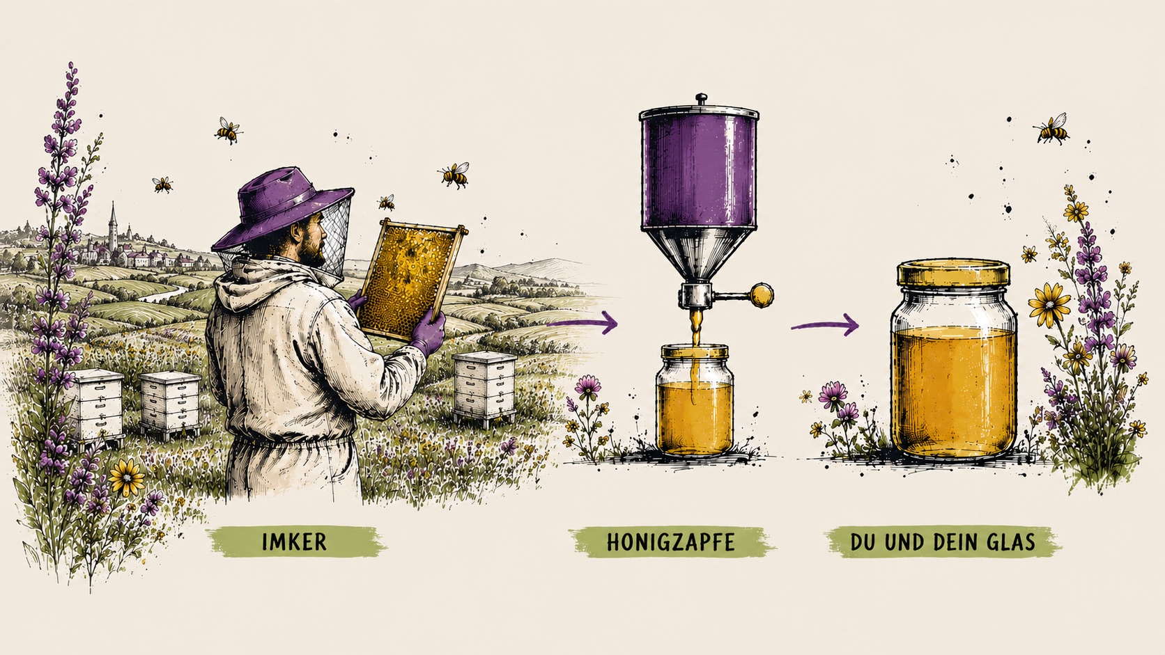 Tuschezeichnung: Imker, Honigzapfe und ein Mensch mit seinem Glas