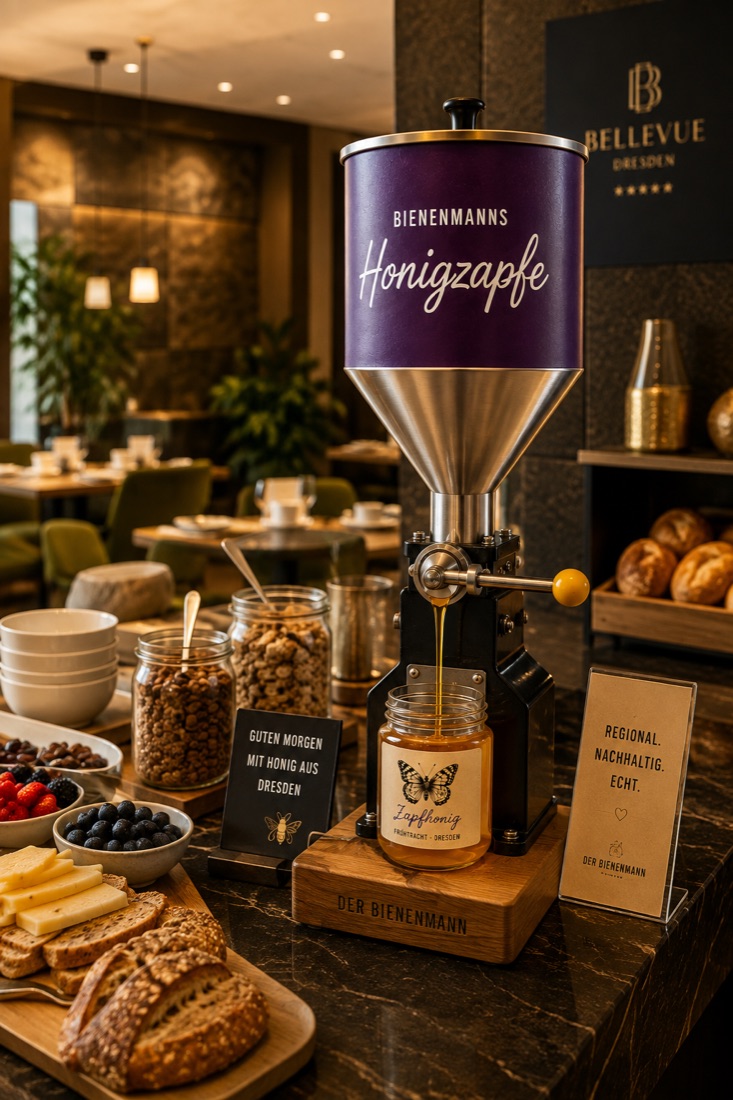 Bienenmanns Honigzapfe am Frühstücksbuffet eines Hotels