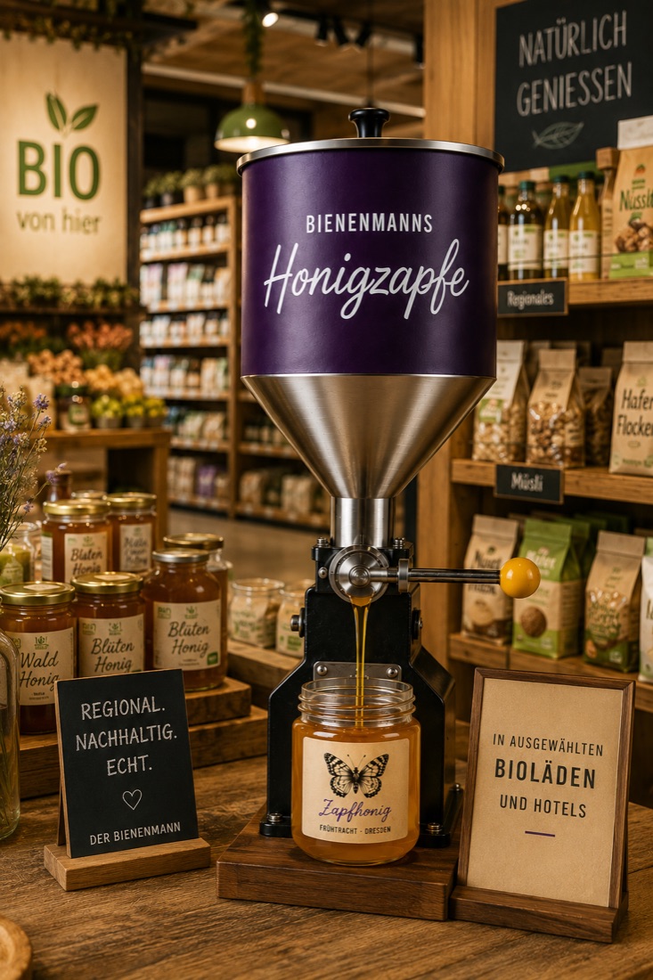 Bienenmanns Honigzapfe im Bioladen, daneben Honiggläser im Regal