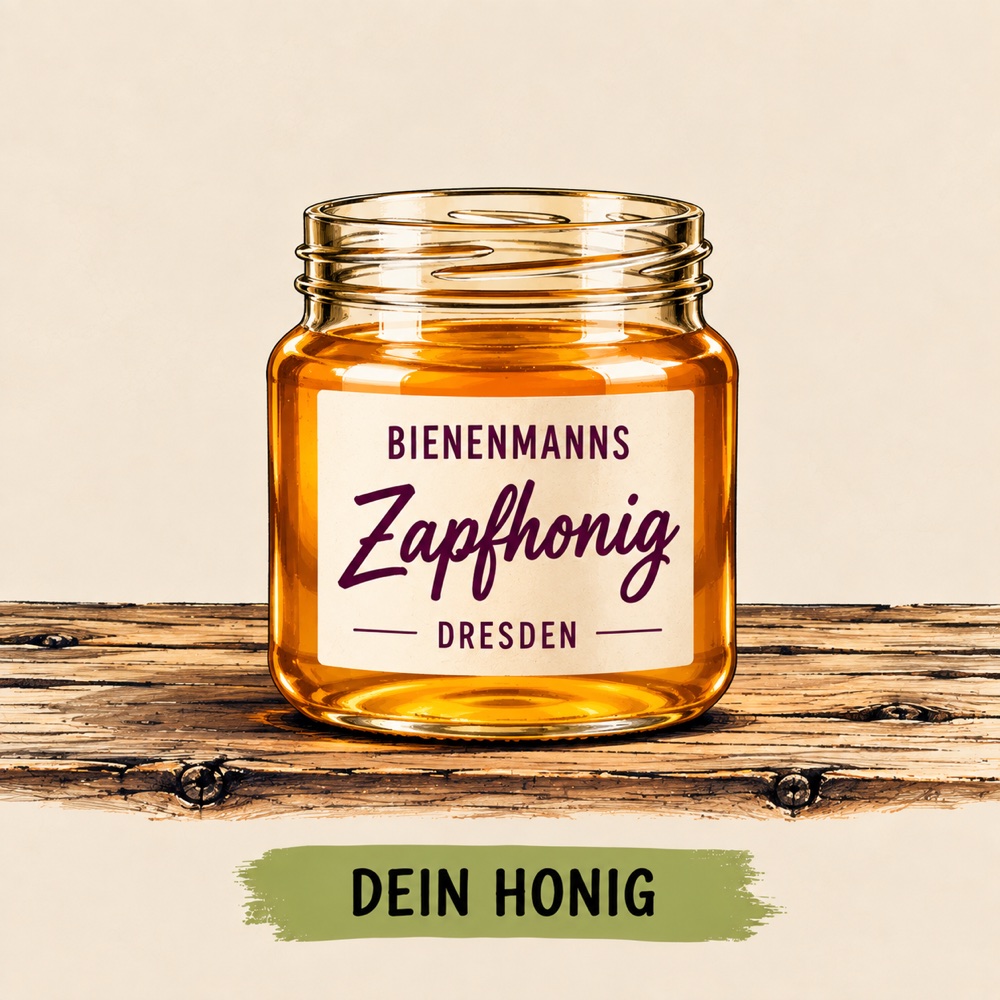 Zeichnung: Glas Bienenmanns Zapfhonig auf einem Holzbrett