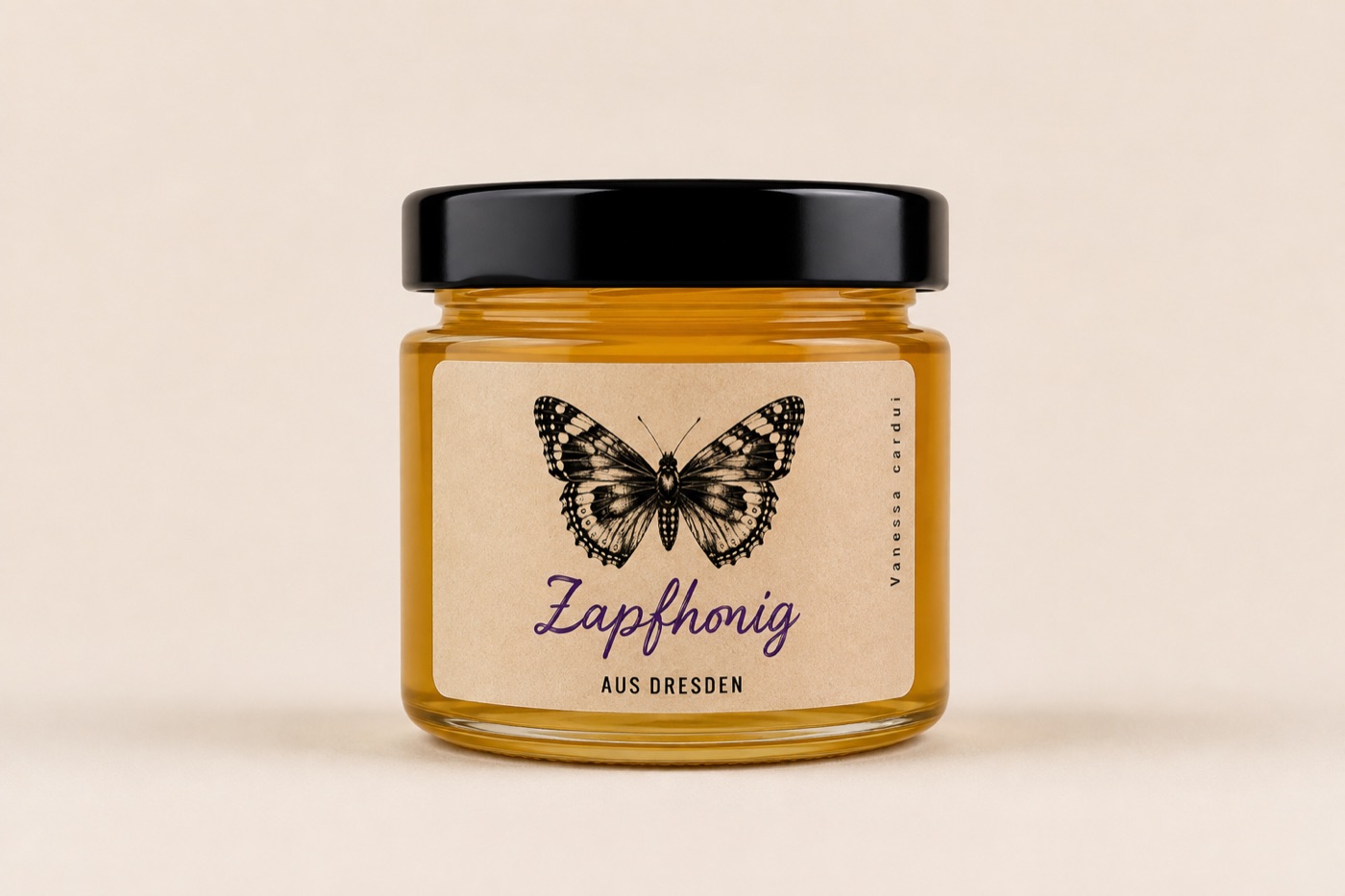 Zapfhonig-Glas mit Distelfalter-Etikett