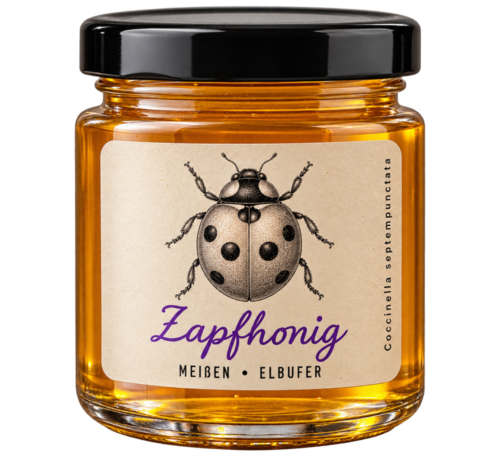 Glas Zapfhonig, auf dem Etikett: Zapfhonig, Meißen Elbufer, darüber ein Marienkäfer